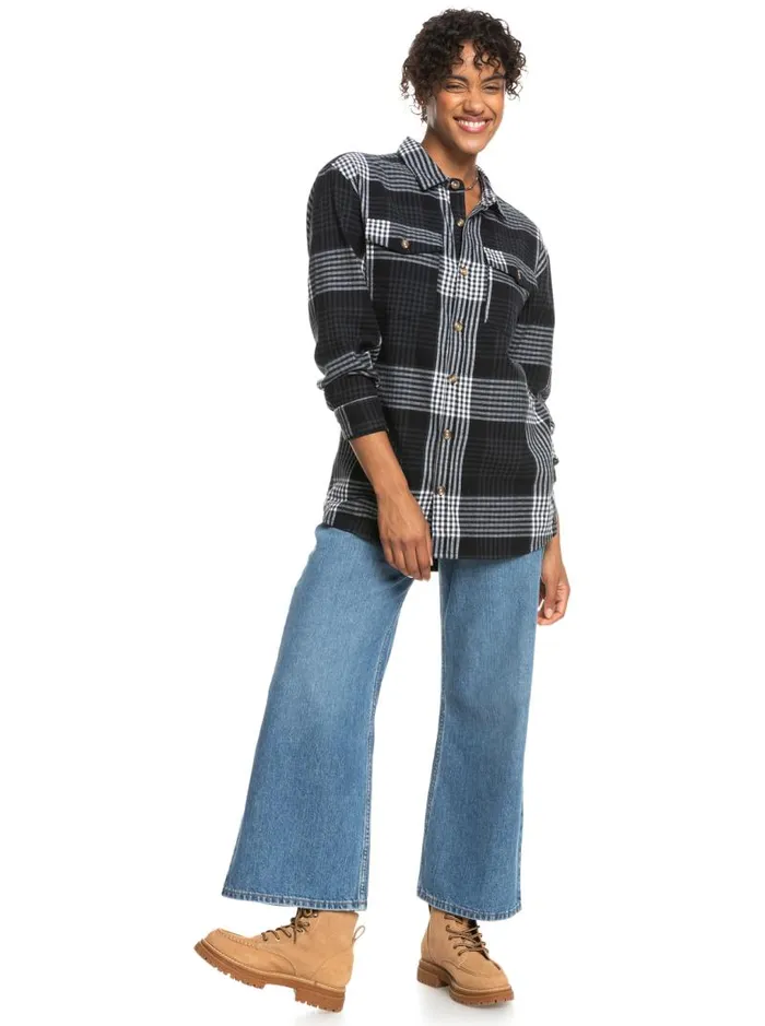 Roxy Tops Let It Go Flannel Long Sleeve Shirt Anthracite Hallo Plaid 8211 Women