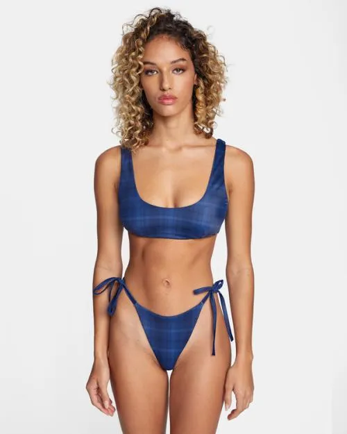 Rvca Plaid City Bralette Bikini Top Moody Blue Women Bikini Tops