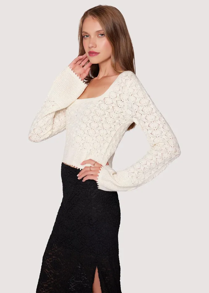 Serena Pointelle Knit Square Neck Top Ecru Women Lost Wander Sweaters