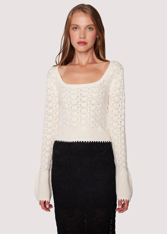Serena Pointelle Knit Square Neck Top Ecru Women Lost Wander Sweaters