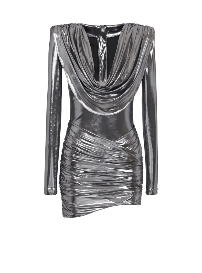 Short Metallic Draped Dress Silver Women Balmain Dresses