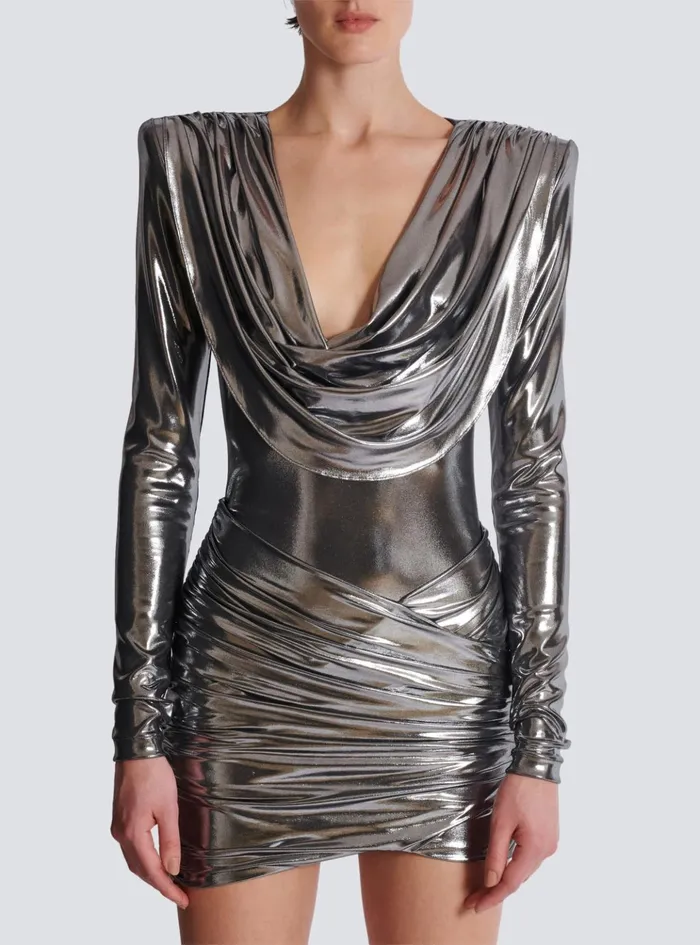Short Metallic Draped Dress Silver Women Balmain Dresses