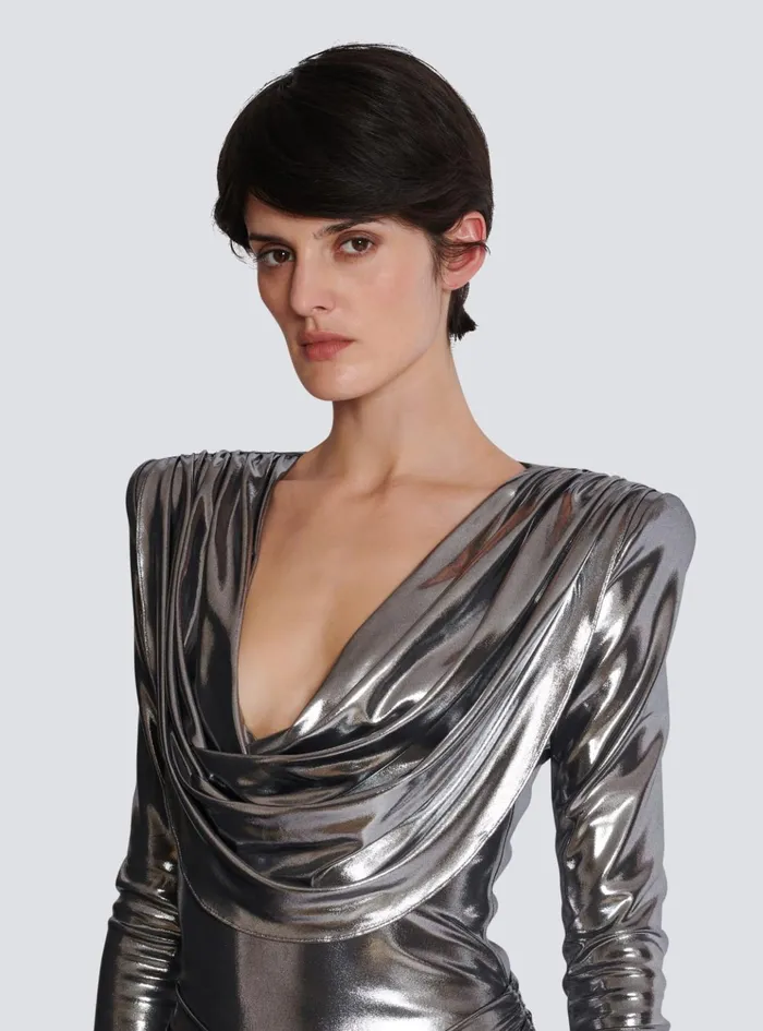 Short Metallic Draped Dress Silver Women Balmain Dresses