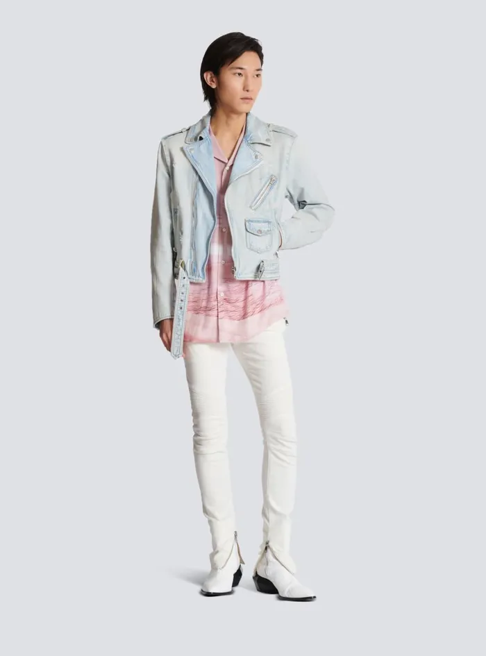 Shortsleeved Twill Shirt With Postcard Print Pink Men Balmain Shirts And Polos