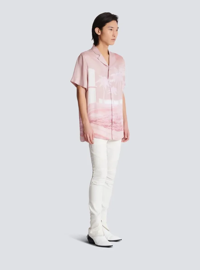 Shortsleeved Twill Shirt With Postcard Print Pink Men Balmain Shirts And Polos
