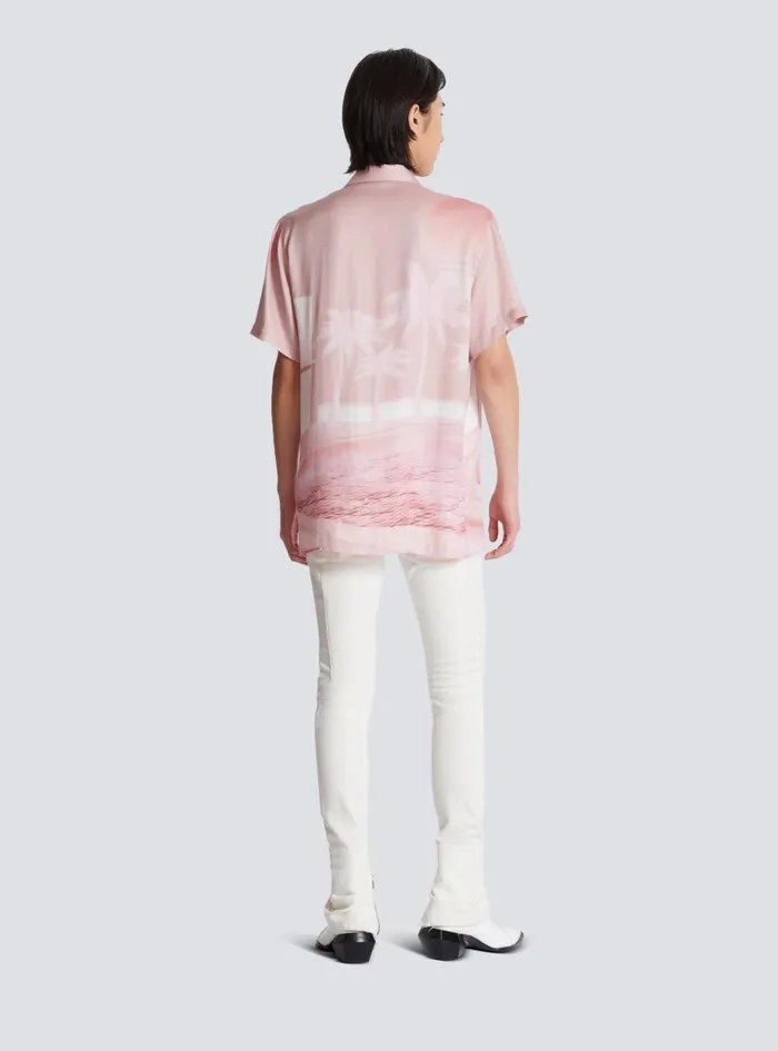 Shortsleeved Twill Shirt With Postcard Print Pink Men Balmain Shirts And Polos