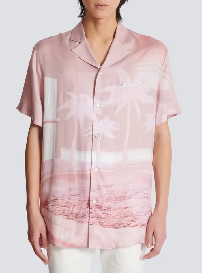 Shortsleeved Twill Shirt With Postcard Print Pink Men Balmain Shirts And Polos