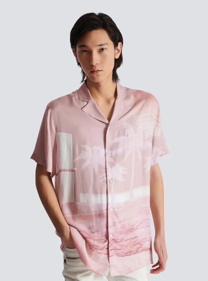 Shortsleeved Twill Shirt With Postcard Print Pink Men Balmain Shirts And Polos