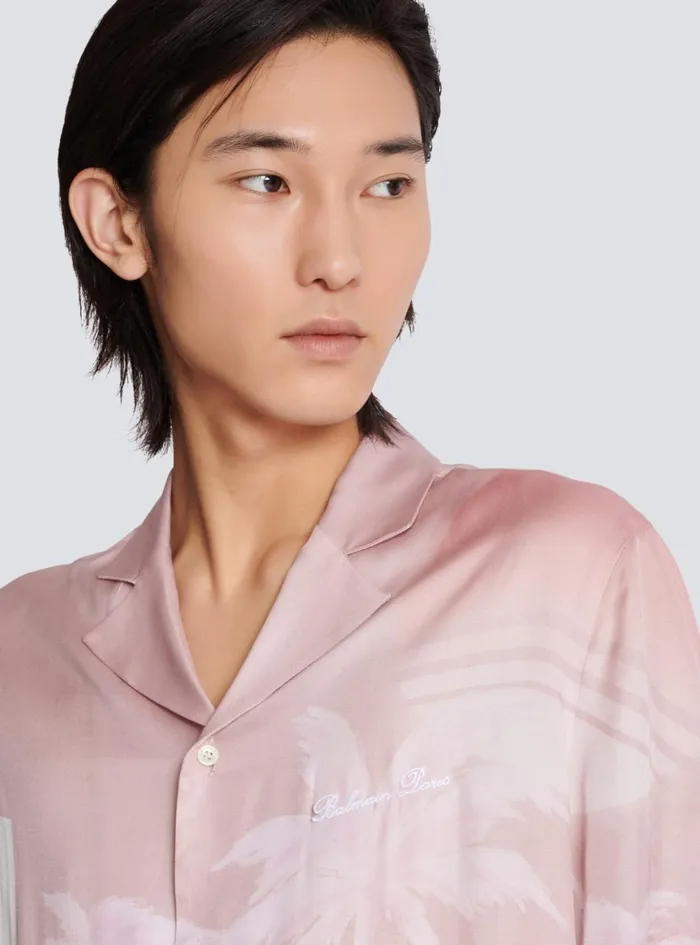 Shortsleeved Twill Shirt With Postcard Print Pink Men Balmain Shirts And Polos