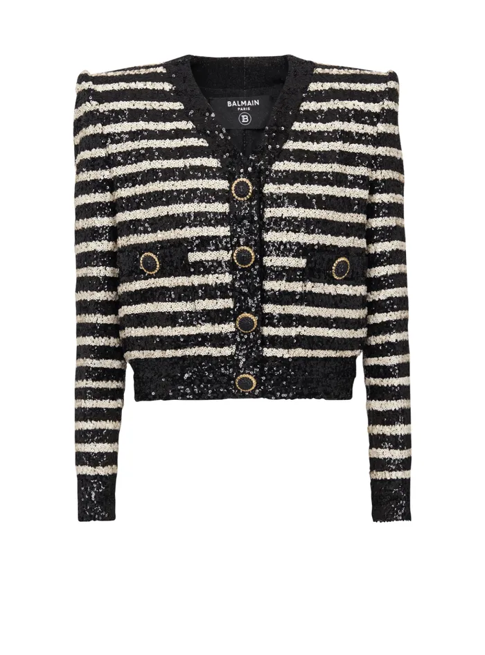 Short Striped Sequin Jacket With 2 Pockets Black Women Balmain Jackets And Blazers
