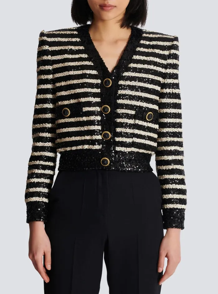Short Striped Sequin Jacket With 2 Pockets Black Women Balmain Jackets And Blazers