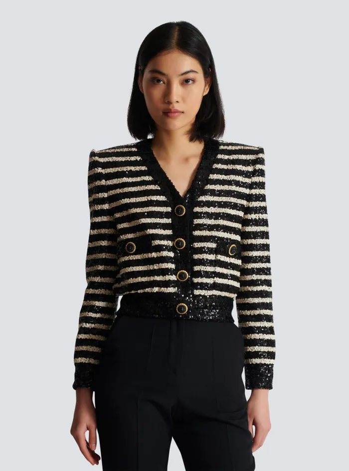 Short Striped Sequin Jacket With 2 Pockets Black Women Balmain Jackets And Blazers