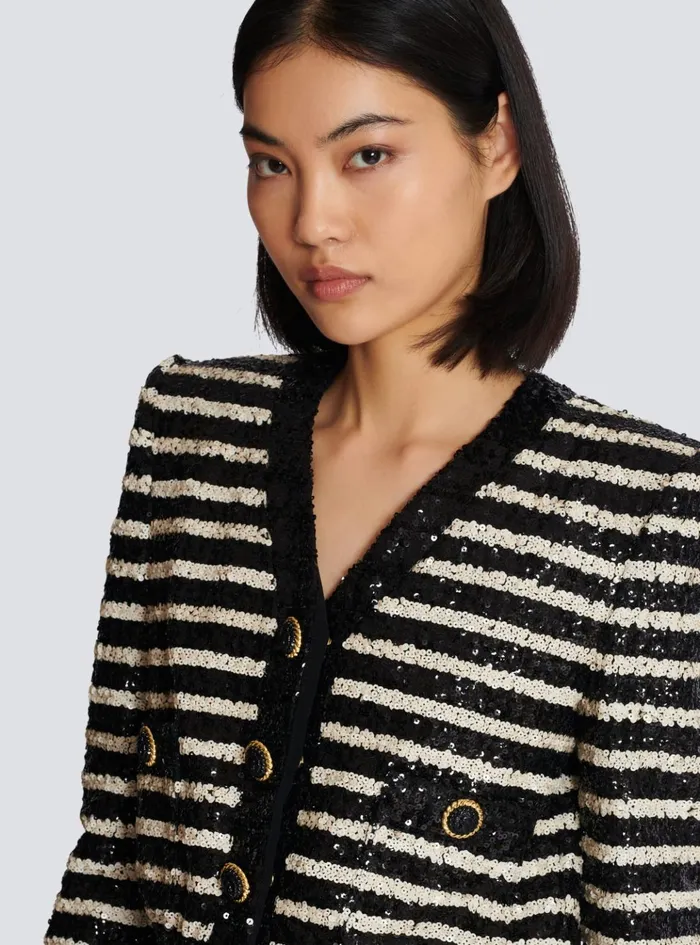 Short Striped Sequin Jacket With 2 Pockets Black Women Balmain Jackets And Blazers
