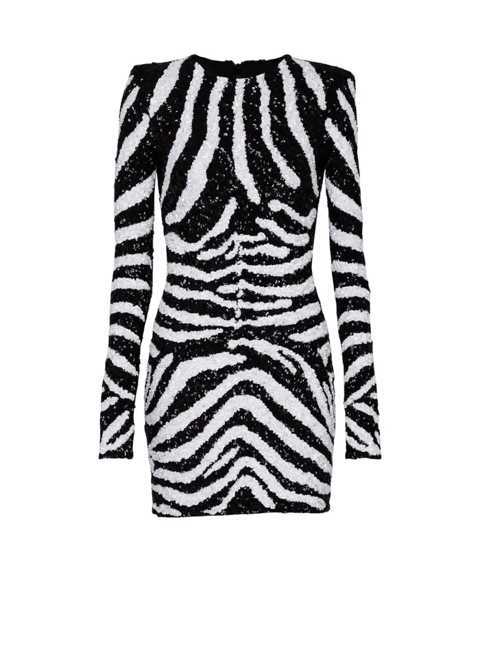 Short Twotone Zebra Sequin Dress White Women Balmain Dresses