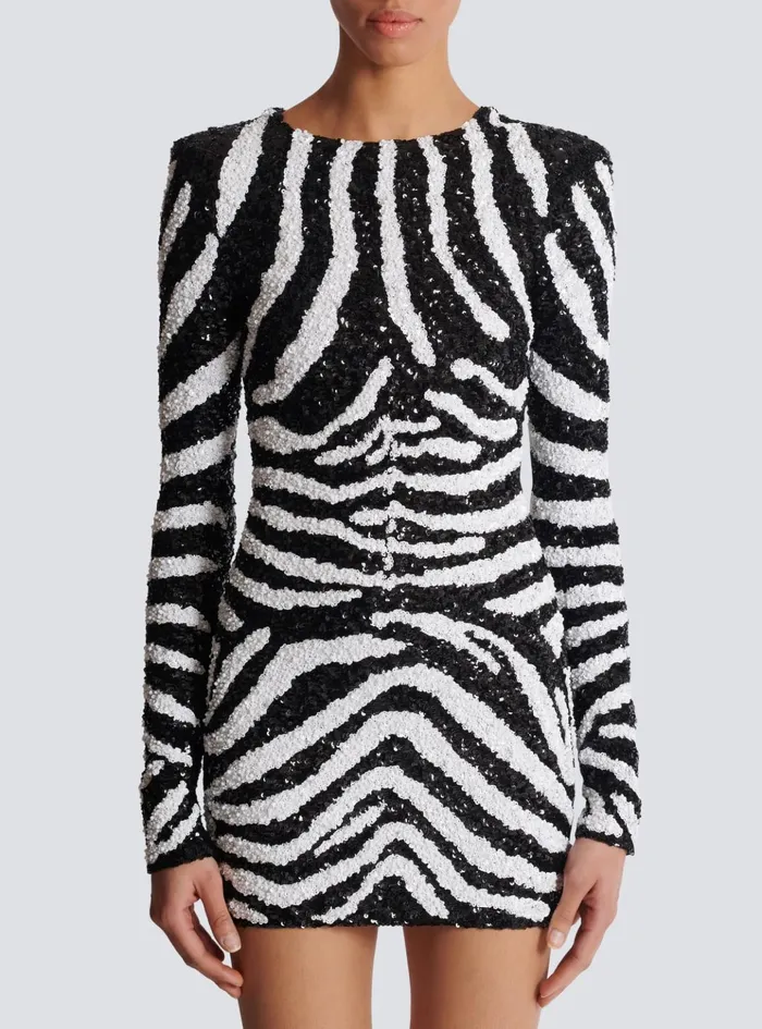 Short Twotone Zebra Sequin Dress White Women Balmain Dresses