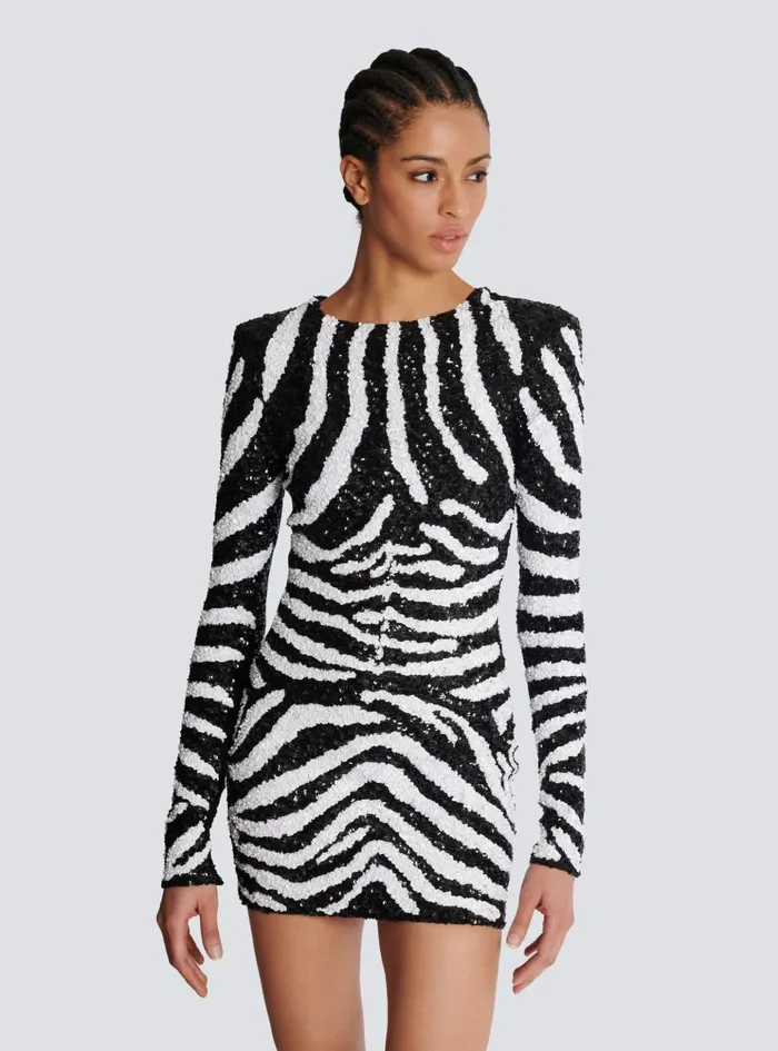 Short Twotone Zebra Sequin Dress White Women Balmain Dresses