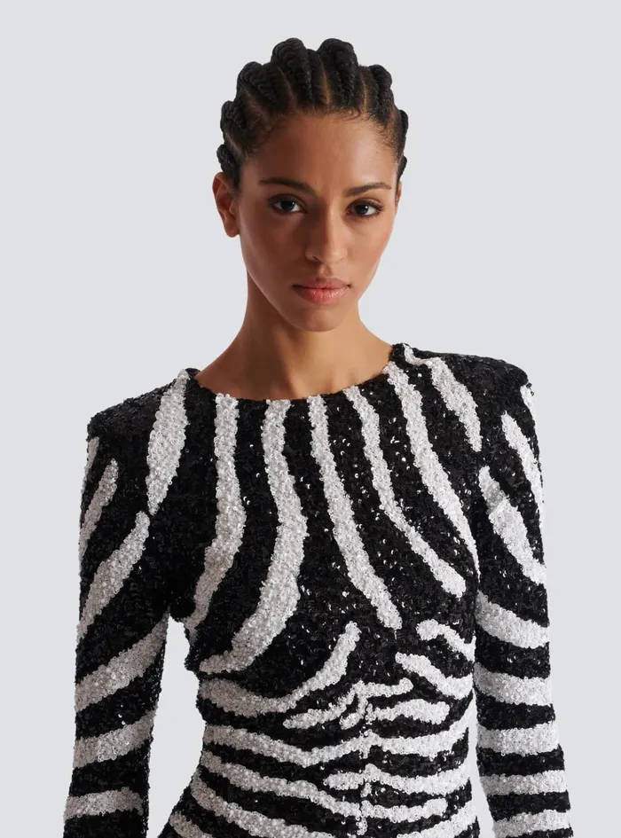 Short Twotone Zebra Sequin Dress White Women Balmain Dresses