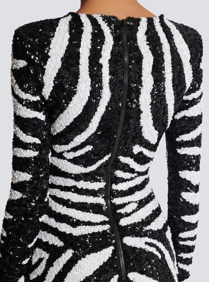 Short Twotone Zebra Sequin Dress White Women Balmain Dresses