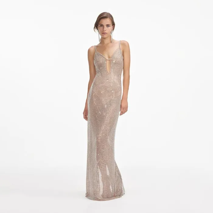 Silver Rhinestone Fishnet Maxi Dress Women Self Portrait Dresses