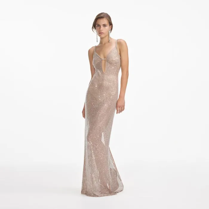 Silver Rhinestone Fishnet Maxi Dress Women Self Portrait Dresses Silver Rhinestone Fishnet Maxi Dress Women Self Portrait Dresses