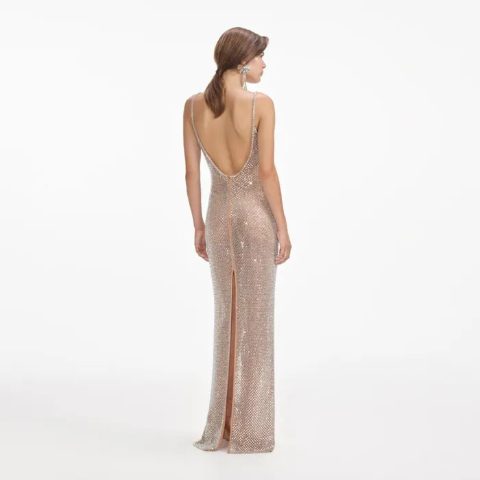 Silver Rhinestone Fishnet Maxi Dress Women Self Portrait Dresses Silver Rhinestone Fishnet Maxi Dress Women Self Portrait Dresses