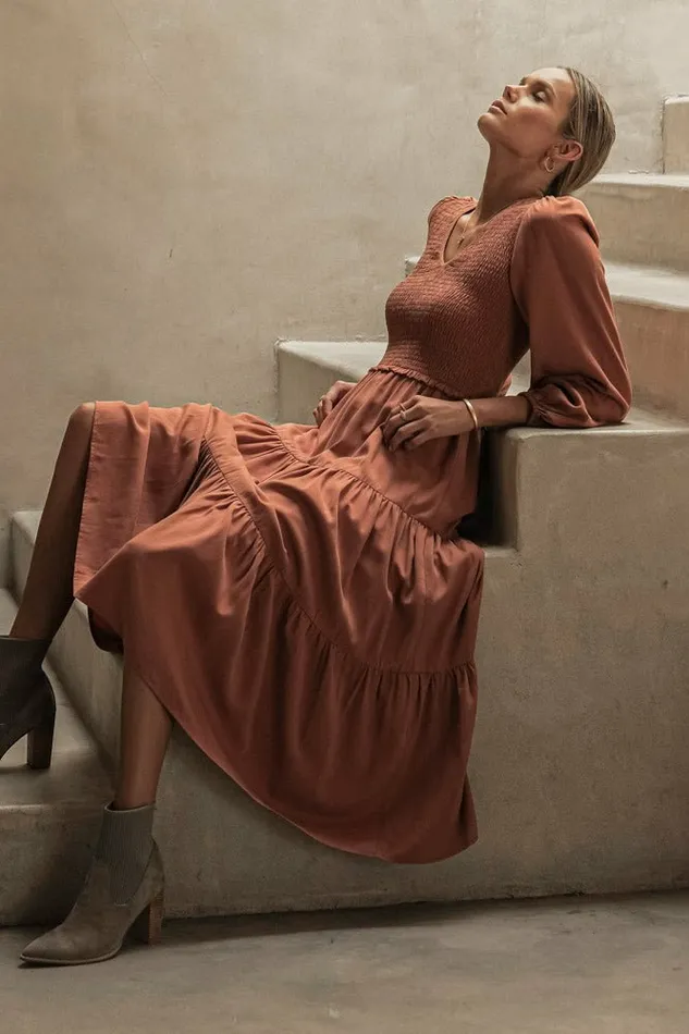 Smocked Tiered Midi Dress In Rust Rust Women Bohme Dresses