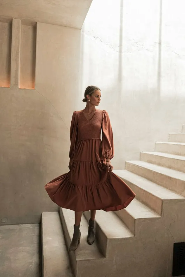 Smocked Tiered Midi Dress In Rust Rust Women Bohme Dresses