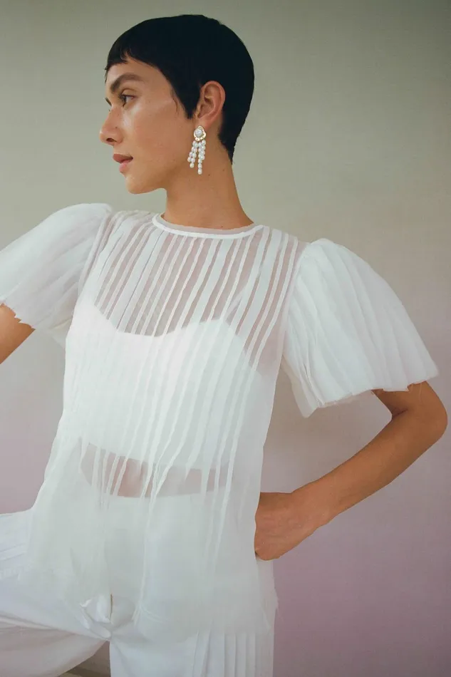 Stella Linear Ruffle Top Ivory Women Aje Tops