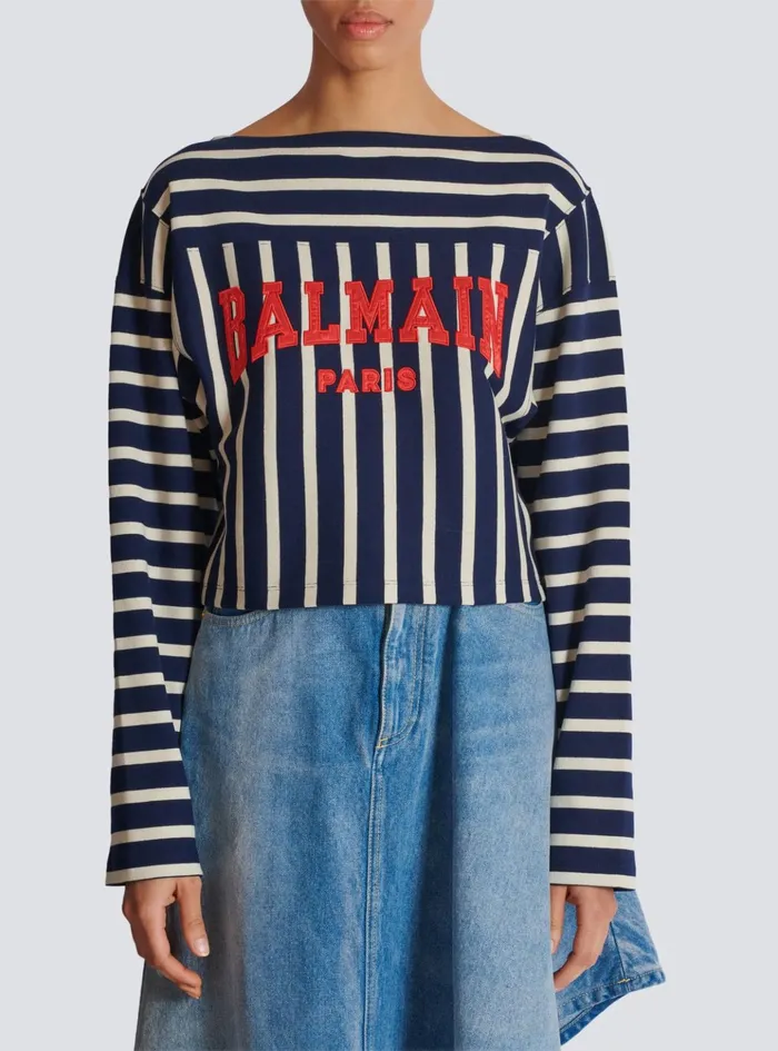 Striped Baseball Top Navy Women Balmain TShirts
