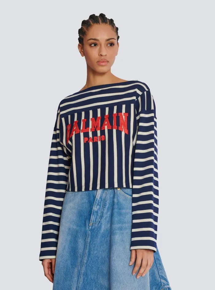 Striped Baseball Top Navy Women Balmain TShirts