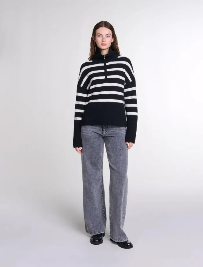 Sweaters and Cardigans Women Maje Stripe Print HighNeck Jumper Blackecru