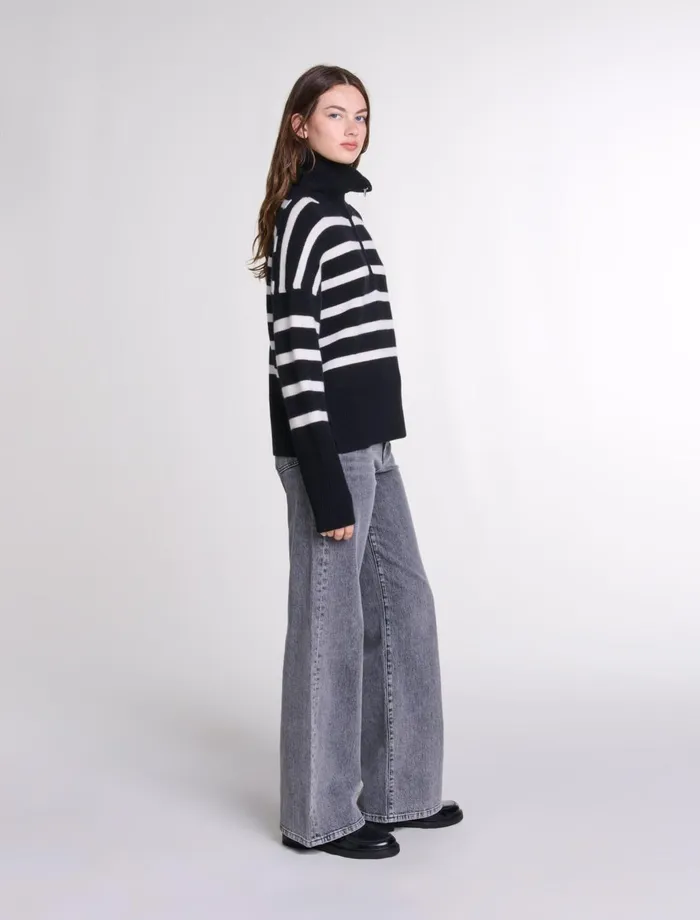 Sweaters and Cardigans Women Maje Stripe Print HighNeck Jumper Blackecru