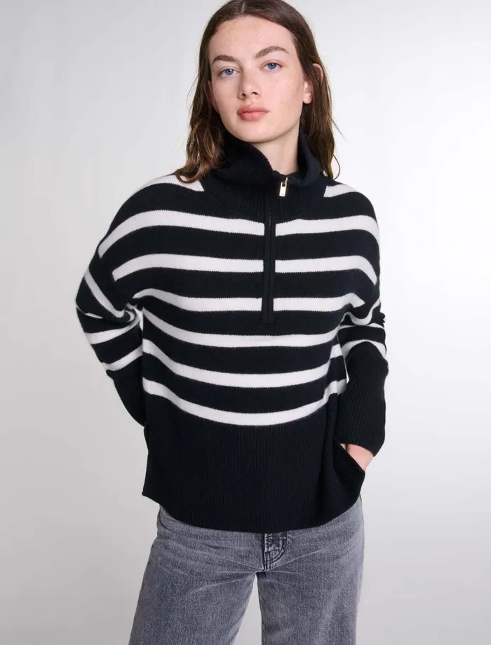 Sweaters and Cardigans Women Maje Stripe Print HighNeck Jumper Blackecru