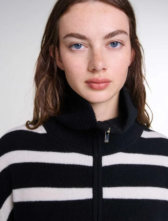 Sweaters and Cardigans Women Maje Stripe Print HighNeck Jumper Blackecru