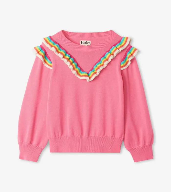 Sweaters Girls Hatley Girls Pink Rainbow Ruffle Sweater