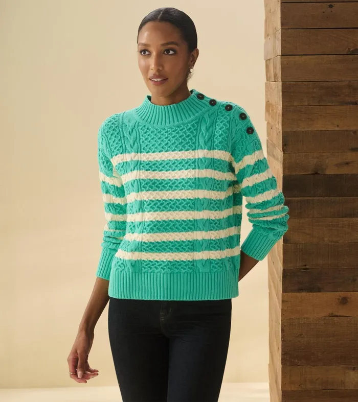 Sweaters Women Hatley Button Neck Sweater 8211 Turquoise Stripes