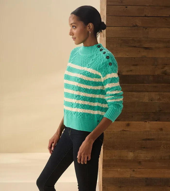 Sweaters Women Hatley Button Neck Sweater 8211 Turquoise Stripes