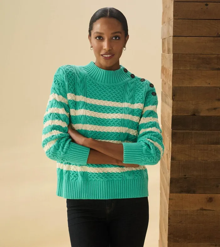 Sweaters Women Hatley Button Neck Sweater 8211 Turquoise Stripes