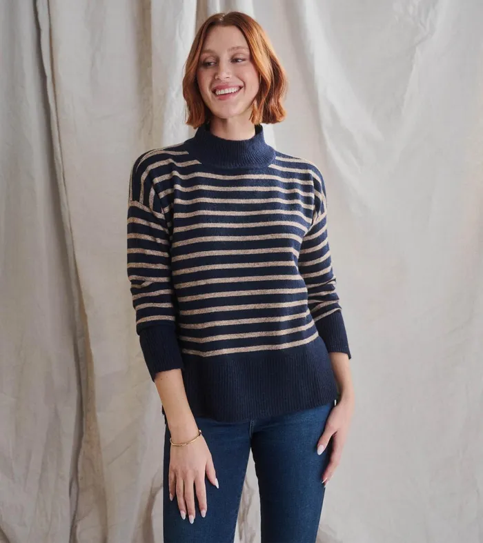 Sweaters Women Hatley Mock Neck Tunic 8211 Navy Taupe Stripes
