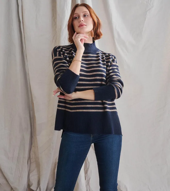 Sweaters Women Hatley Mock Neck Tunic 8211 Navy Taupe Stripes