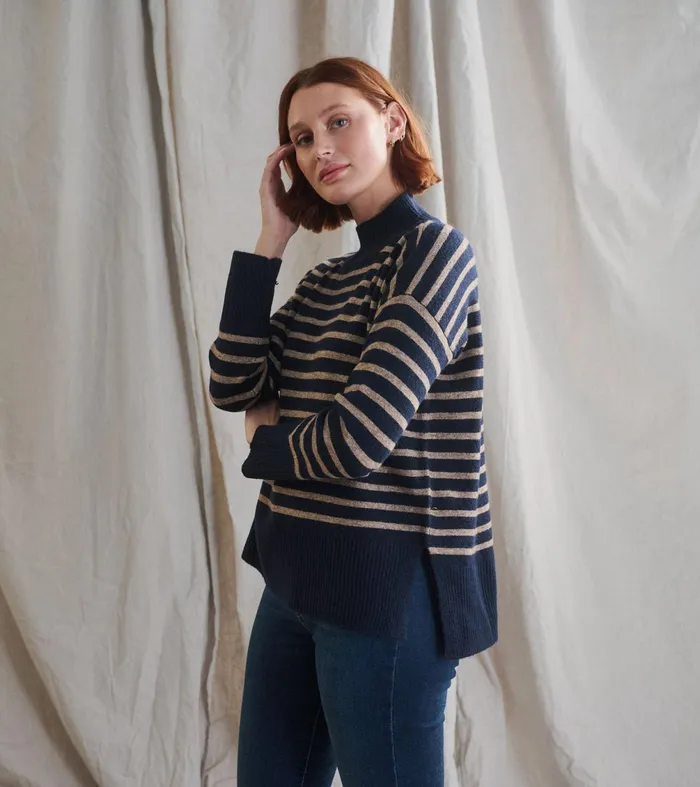 Sweaters Women Hatley Mock Neck Tunic 8211 Navy Taupe Stripes