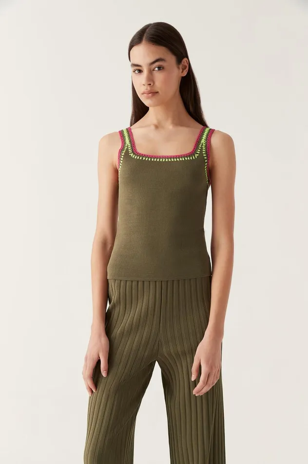 Tazia Crocheted Edge Tank Deep Olive Women Aje Body 038 Crepe Knit