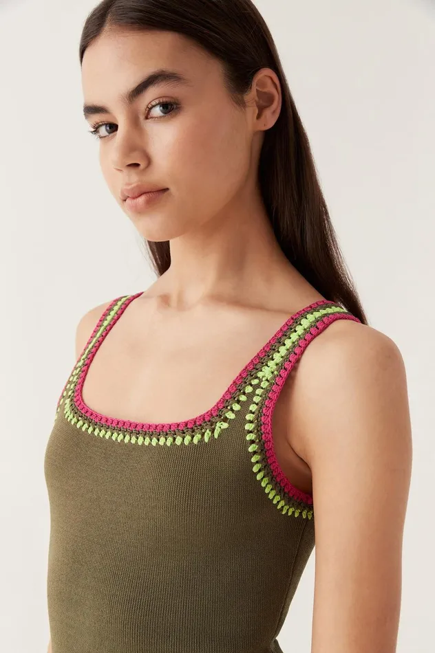 Tazia Crocheted Edge Tank Deep Olive Women Aje Body 038 Crepe Knit