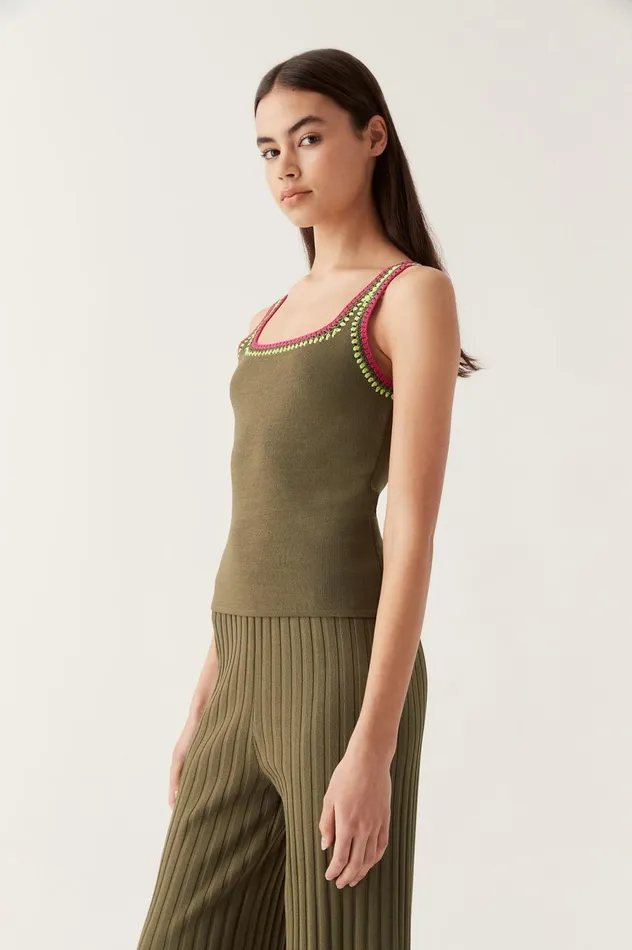 Tazia Crocheted Edge Tank Deep Olive Women Aje Body 038 Crepe Knit