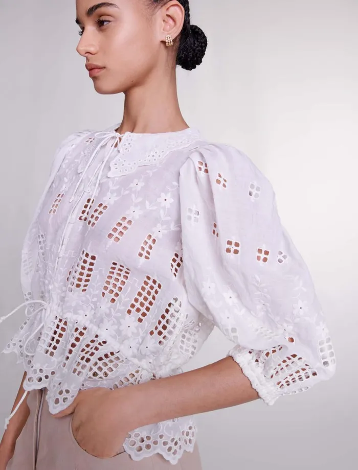Tops and Shirts Women Maje Embroidered Ramie Blouse White