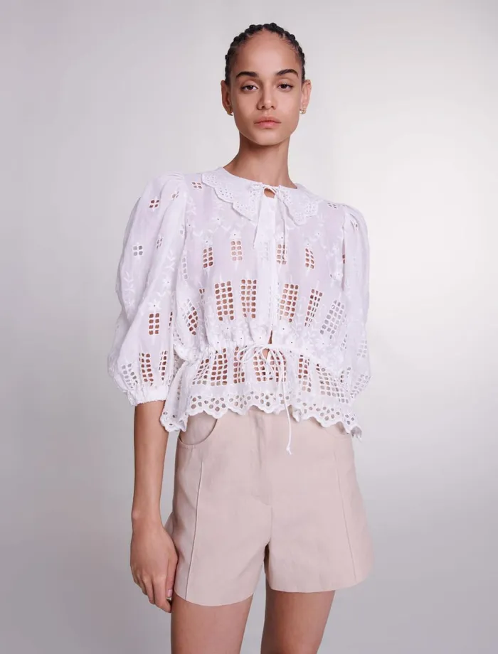 Tops and Shirts Women Maje Embroidered Ramie Blouse White