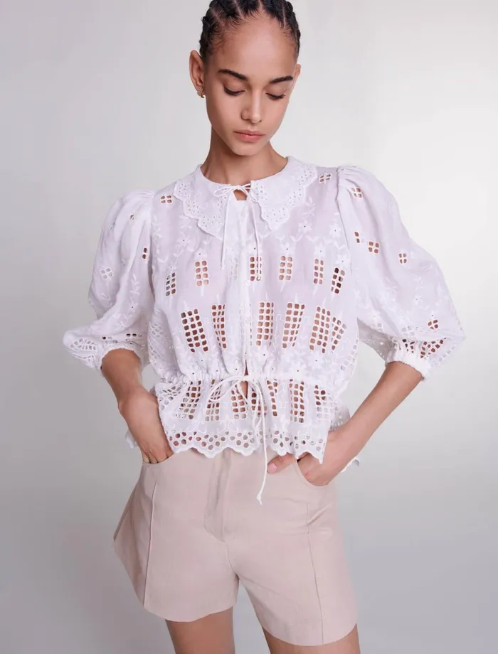 Tops and Shirts Women Maje Embroidered Ramie Blouse White