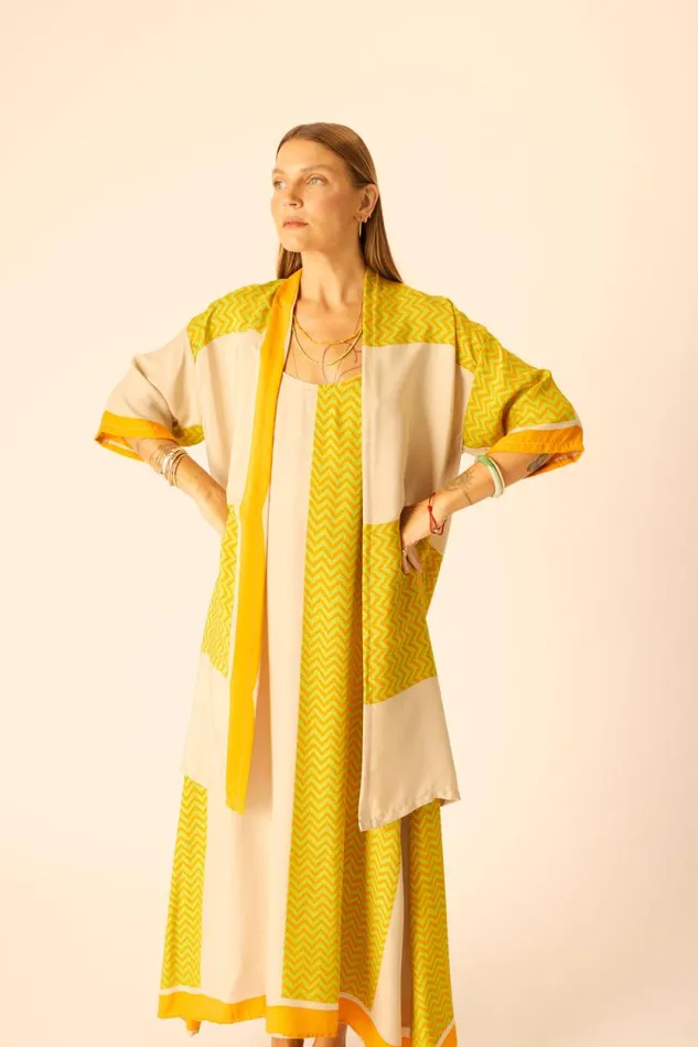 Tops Shop Natalie Martin LENNON KIMONO Block Zigzag Tangerine