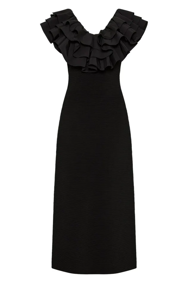 Transcendent Ruffle Midi Dress Black Women Aje Black Dresses