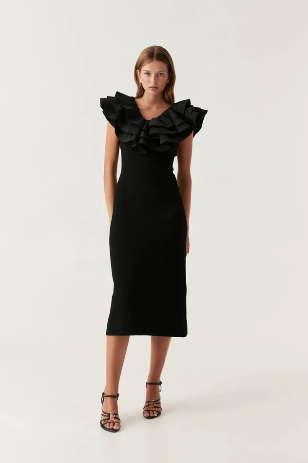 Transcendent Ruffle Midi Dress Black Women Aje Black Dresses